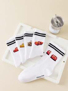 Disney 5双装汽车卡通图案男士船袜，黑白条纹，可爱图案，防臭，吸湿排汗，休闲百搭，适合学生/成人作为礼物或日常穿着 - 白色 - 查看 4