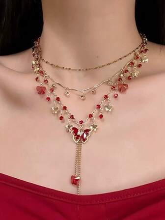 1件甜美别致的蝴蝶流苏长项链，双层仿红宝石颈链，时尚个性化锁骨链