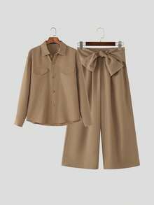 Mens Buttons Long Sleeve Blouse Tops Shirt Elastic Waist Long Pants Wide Leg Trousers Spring/Fall Casual 2PCS Sets Outfits - 卡其色 - 查看 3