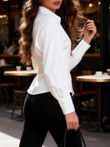 DONICY 优雅女士白色裹身长袖衬衫，荷叶边细节设计，适合办公室、休闲、商务、度假、约会等各种场合。情人节、狂欢节也适用。 - 白色 - 查看 4