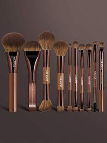 MAANGE 6/10/14pcs Soft Natural Synthetic Makeup Brush Set, Includes Face Brush, Powder Brush, Blush Brush, Concealer Brush, Contour Brush, Nose Brush, Highlighter Brush, Foundation Brush, Detail Brush, 2-In-1 Portable Multifunctional Makeup Brushes, Suitable For Home Or Travel, Essential For Makeup, Great Gift - Brown - View 4