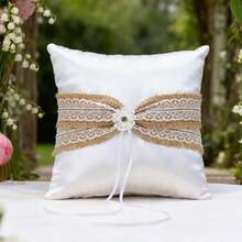 Almohada para anillos de boda con cinta decorativa blanca para llevar anillos en la fiesta de bodas. - Caqui - Ver 1