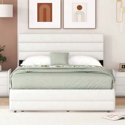 140 X 200 Plattformbett Mit Räummaschine Für Zwei Personen Und Zwei Schubladen, Beige