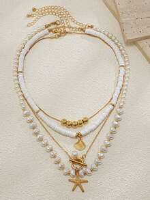 4 件套度假海滩贝壳项链套装，巴洛克仿珍珠复古波西米亚风格项链，适合女士