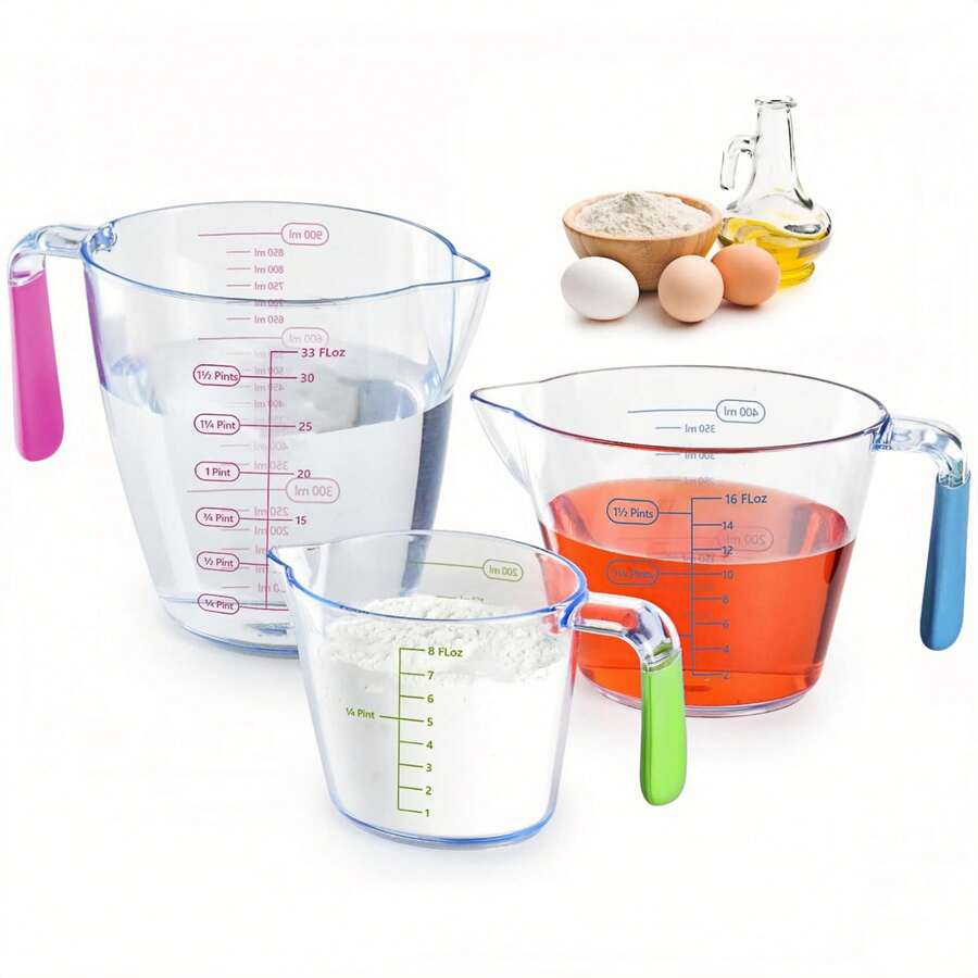 3pcs Measuring Cup Set - Transparent Plastic Liquid Measuring Cups With Ounce And Milliliter Markings, Essential Kitchen Cooking & Baking Tool - Transparent and Colorless - View 1