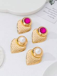 1 Pair/2pcs Fashionable Exaggerated Metal Triangle Faux Pearl Luxury Women Stud Earrings, Suitable For Women's Evening Gala, Party, Travel Occasions - White - View 3