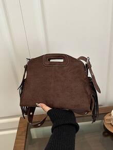 Túi xách tua rua thiết kế độc đáo mới 2025, Túi tote thời trang đa năng cá nhân hóa, Túi đeo chéo vai đi làm thông thường - Cà phê - Xem 9