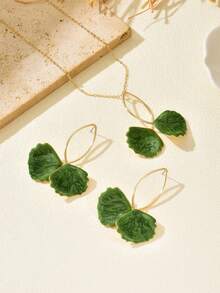 1 Set Versatile Leaf Enamel Gradient Pendant Necklace & Earrings Set, Casual Style Jewelry Set For Women - Green - View 6