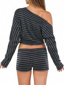 Women Striped 2 Piece Outfits Long Sleeve Off The Shoulder Cropped Top And Drawstring Shorts Sets Streetwear Oversized Gothic Aesthetic Grunge Outfits Going Out Tee Tops Shorts Sets - 深灰色 - 查看 6