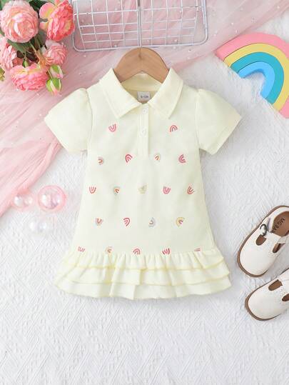 Elegant Baby Girl Summer Dress With Polo Collar, Button Short Sleeve, Floral Lace Hem, Cute Rainbow Print, Baby Toddler Girl Dress