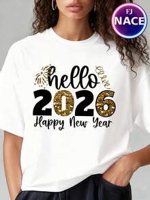 Men&Women's Hello 2026 Happy New Year T-Shirt - Red With Golden Lettering & Confetti Print, Loose-Fit Casual Round Neck Short Sleeve Top For 2026 Celebrations, New Year'S Eve Party Outfit, Spring Summer Fall Comfortable Casual Attire (Goodbye 2025 Hello - Black - View 8