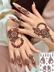 4pcs Brown Henna Lace Flower Temporary Tattoo Stickers, Waterproof Hand Body Art Tattoos For Women, Suitable For Wedding, Body Painting, Festival Party Decoration - Brown - View 3