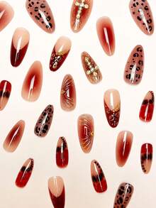 24pcs/Set Y2K Vintage Cat Eye Leopard Print French Luxury 3D Stereo Cross Gilded Ripple Gold Faux Pearl Decor Almond Shaped Press-On Nails, Includes Jelly Gel And Nail File, Suitable For Girls/Women For Daily Wear, Outdoor Activities, Carnival Parties In Autumn/Winter Nail Supplies - Multicolor - View 2