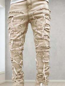 Tween Boy Patchwork Frayed Hem Casual Denim Jeans - Ginger - View 4