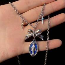 Korean Style INS Bowknot Oval Pendant Star Necklace Niche Design Retro Versatile Y2K Personalized Collarbone Chain - A - View 2