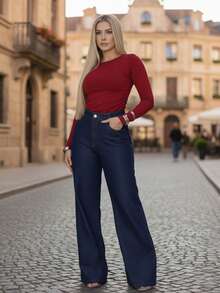 Wide Leg Women's Pants, Marbled Pattern, Wide Leg, High Waist, Thick Fabric, 100% Denim - Rửa tối - Xem 4