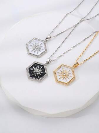 1pc Hexagon Star Shaped Pendant Necklace, Copper Inlaid , Unique Small Design Choker Necklace, Fashion Versatile Gift