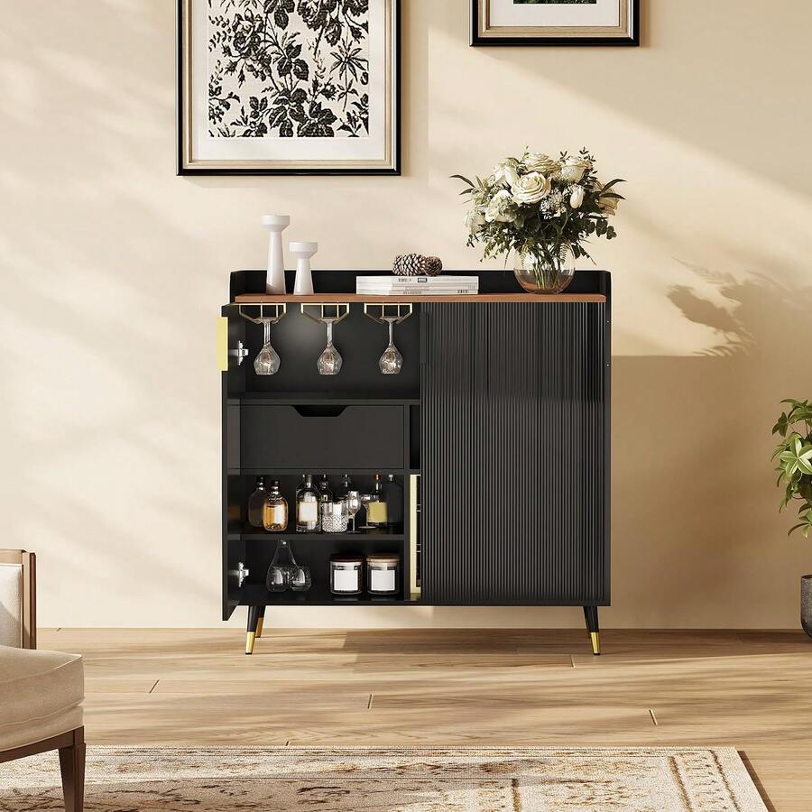 Studyset Modern Coffee Bar Cabinet With Wine Rack And Buffet Sideboard, Fluted Glass Doors And Storage Drawers For Kitchen, Dining Room, Living Room, Coffee Bar, Black - Black - View 1