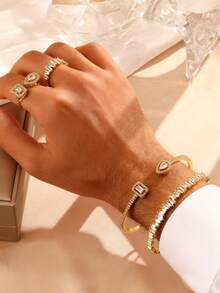 Set de 4 piezas de pulsera y anillo con gota asimétrica geométrica de cielo estrellado de circonita, joyería minimalista de alta gama unisex - Juego de cuatro piezas - Ver 4