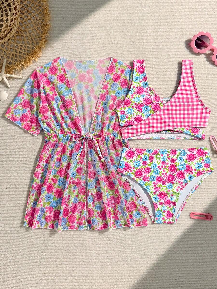 Girls Ditsy Floral Cover Up And Bikini Swimsuit Set - Multicolor - View 1