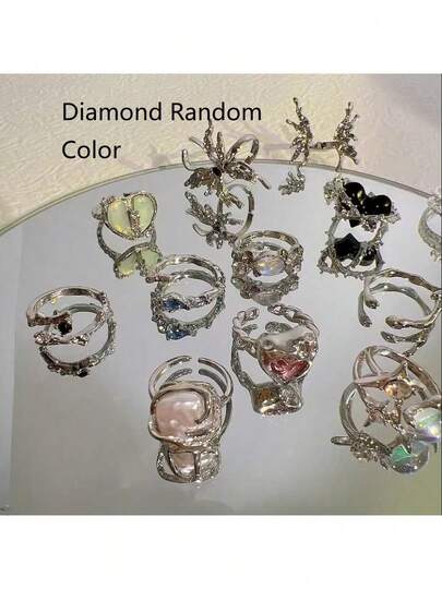 Y2K 水晶戒指 Kpop 心形可调节戒指不对称几何朋克复古戒指套装适合女士女孩新款时尚珠宝礼物