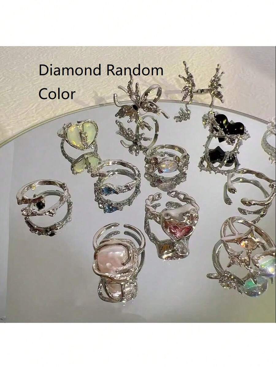 Y2K 水晶戒指 Kpop 心形可调节戒指不对称几何朋克复古戒指套装适合女士女孩新款时尚珠宝礼物 - 彩色 - 查看 1
