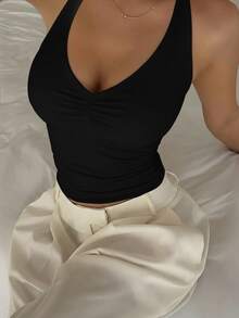 XLLAIS 性感露背褶皱V领极简吊带背心，休闲黑色修身街头风，适合日常和度假穿着，夏季百搭 - 黑色 - 查看 4