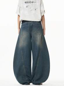 1 pieza Jeans rectos con diseño de parches y lavado vintage desgastado de ajuste holgado para hombre (Cinturón y accesorios no incluidos) - Azul - Ver 8