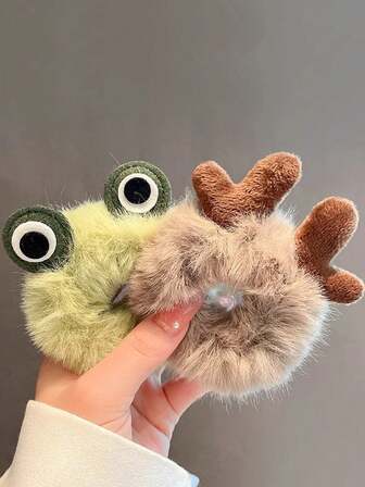 2pcs Cartoon Frog & Antler Hair Scrunchies, Cute Plush Hair Ties Hair Accessories ,Ponytail ,Hair Elastics ,Hair Rubber Bands ,Hair Rope ,Elastic Hair Tie