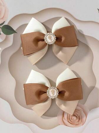 2 PCS Set White, Brown, Khaki Elegant Rhinestone Decor Contrast Bow Hair Clips,Hair Bows For Women,Hair Ribbons Duckbill Hair Clip WWith Bow,Hair Accessories Hair Suitable For Parties, Daily Life, And School., Claw Clips, Hair Slide, Hair Barrettes