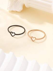 1枚或2枚不锈钢时尚简约女士镂空爱心戒指，适合女士日常佩戴或作为礼物 - 彩色 - 查看 3