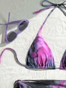 3件套女士性感优雅波西米亚蕾丝拼接露背系带比基尼套装，适合海滩度假、春夏穿着 - 紫色 - 查看 2