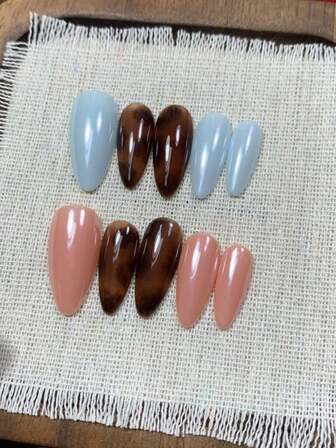 Handmade Hazy Blue & Amber Contrast Color Manicure, Korean Style Luxury Short Nail Art, Brightening Effect, Suitable For Autumn/Winter