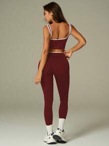 UONNOU Y2K Contrast Trim Gym Set | Butt-Lifting Leggings & Sports Bra - Burgundy - View 12