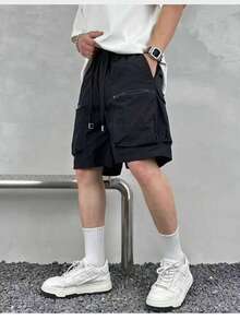 Men's Cargo Shorts Made Of Fabric With Drawstring And Pockets, No Stretch, Shorts Length For Casual Wear. - màu đen - Xem 2