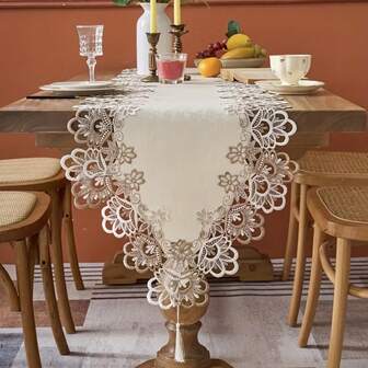 1 pieza Camino de mesa de encaje bordado francés de dos tonos, bufanda de mesa bordada de poliéster de lujo, adecuada para mesa de comedor, mesa de café, cómoda, aparador, decoración del hogar y eventos de boda/fiesta