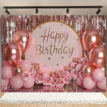 1pc Fuchsia Gold Happy Birthday Backdrop - Polyester Party Flag, Indoor/Outdoor Decor, Glittery Cake Table Runner, Photo Booth, Party Supplies, Home Decor - 1PCS - View 2