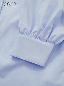 DONICY Women's Solid Color Collared Mid-Sleeve Blouse With Puff Sleeves Design, Blue Loose Retro Style Casual Shirt For Spring, Summer, Fall, Daily Wear, Dates, Business, Casual, Fashionable, Elegant, Suitable For Valentine's Day, Carnival - Blue - View 5