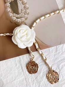 Cinto feminino casual elegante de estilo urbano com flor de camélia em PU (poliuretano), cinto de corrente floral, acessório de cintura sofisticado e exclusivo para vestidos.