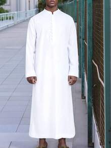 Plain Color Mandarin Collar Casual Button Half-Placket Muslim Men's Traditional Prayer Robe - White - View 5