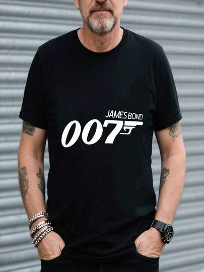 Camiseta de hombre 007 James Bond con estampado gráfico en azul claro - Camiseta de verano casual de manga corta con cuello redondo y cuello acanalado, ajuste regular para atuendo casual, camiseta de ajuste cómodo, camisa de tela duradera, sudadera 100% algodón pesado