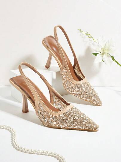 水钻装饰尖头网纱蕾丝串珠亮片踝带细高跟凉鞋，裸色，适合派对、宴会等场合，性感