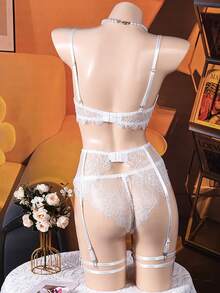2-Piece Women's Lingerie Set, Nightgown Set, Valentine's Day Sexy Lingerie Set, Christmas Lingerie Set. White Lace Mesh Floral Embroidery Thin See-Through Underwire Women's Sexy Lingerie Set, Suitable For Valentine's Day Private Parties Or Everyday Wear At Home. - 白色 - 查看 3