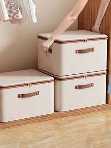1pc Foldable Storage Box - Durable & Spacious Dual Zipper Storage Bin With Faux Leather Handle, Portable Clothes Storage Box For Home, Under Bed - Multicolor - View 3