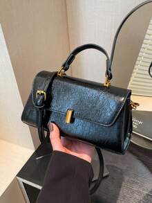 Bolso de hombro cuadrado pequeño de moda vintage para mujer, de piel sintética (PU) en patchwork, para uso diario - Negro - Ver 5