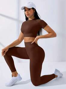 Workout Sets Outfits For Women – Yoga Leggings With Short Sleeve Crop Top, Slim Fit Tummy Control Butt Lifting Waist Shaping, Seamless Ribbed Texture, Breathable Soft Fabric, Non-Pilling, Perfect For Fall Winter Gym Yoga Running Fitness - 咖啡棕 - 查看 2
