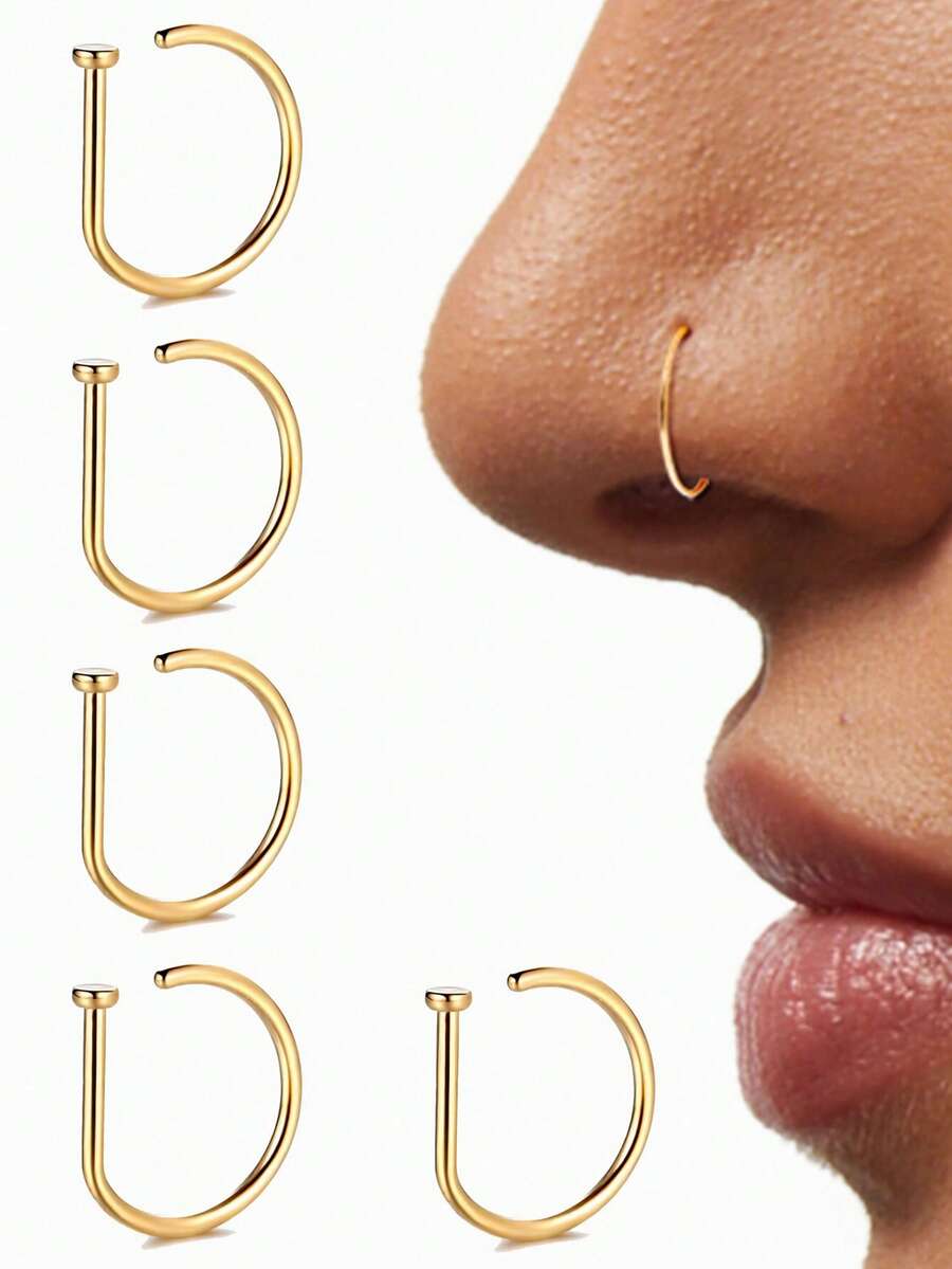VJS 1个/3个/5个装 女士/女孩假鼻环，金色不锈钢D形，简约美式风格，可定制字母，嘻哈街头风，无需穿孔，假鼻钉，0.8*8毫米 - 彩色 - 查看 1