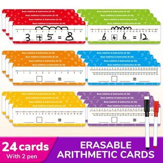24 tarjetas de línea numérica aritmética con 2 bolígrafos - Juego de matemáticas de suma y resta, actividades de viaje para niños, tarjeta de práctica reutilizable para que los niños practiquen el cálculo, diseño colorido para diversión en el aula, ayuda de aprendizaje interactivo