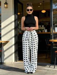 Flowy Belted Palazzo Pants For Women,Black And White Polka Dot Print, High Waisted Loose Fit Trousers For Resort, Travel, Or Day-To-Night Fashion - 白色 - 查看 6