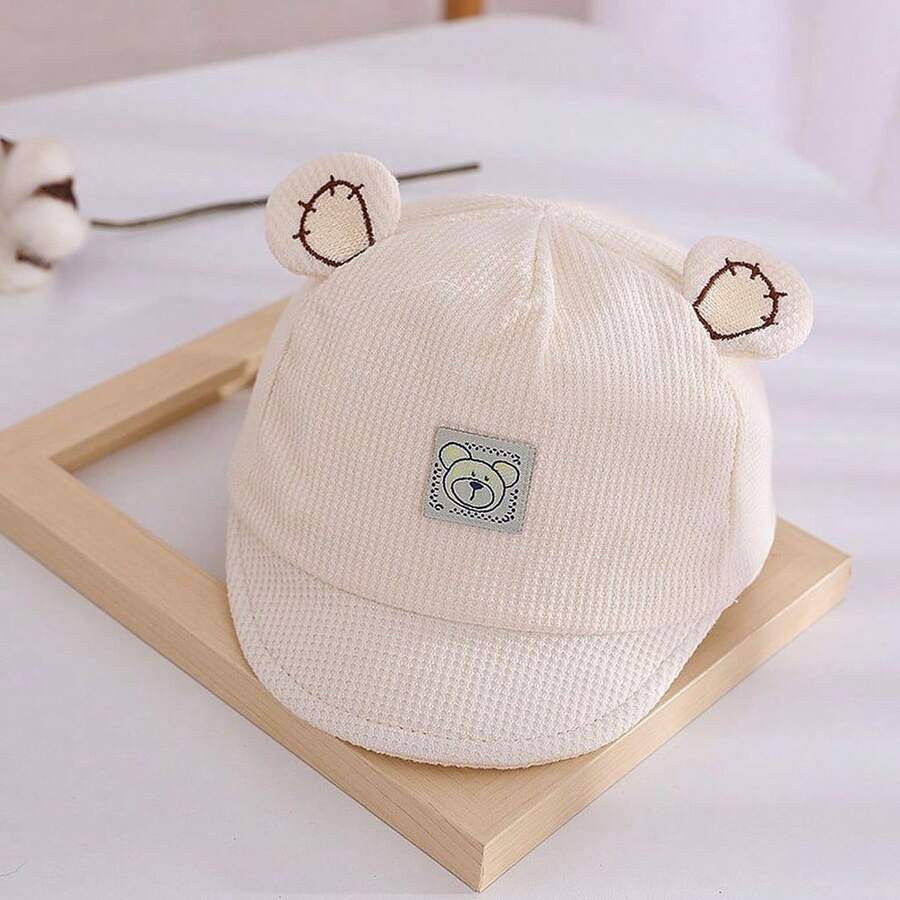 Baby Hat, Children's Hat, Embroidered Bear Ears, Unisex, Cotton, Cute, For Kids, Girls, Boys - 米色 - 查看 1